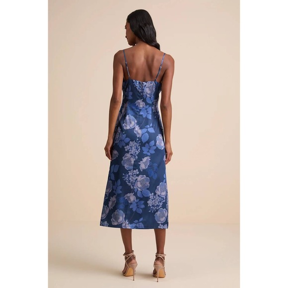 Lulus Favorite Icon Dark Blue Floral Satin Cowl Neck Slip Midi Dress Size XL - Picture 3 of 4